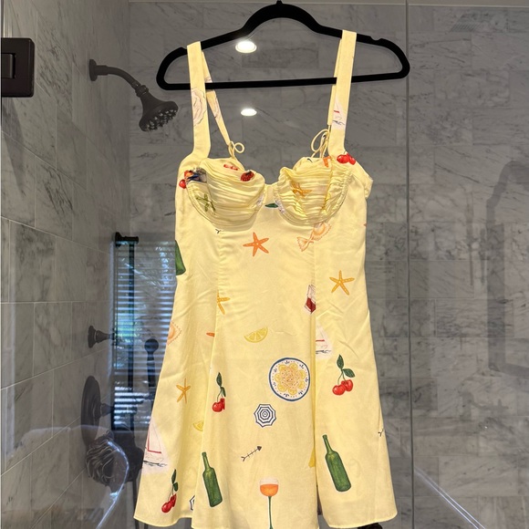 For Love & Lemons Ciao mini dress NWT butter yellow w/a Positano print. Size S - Picture 4 of 6